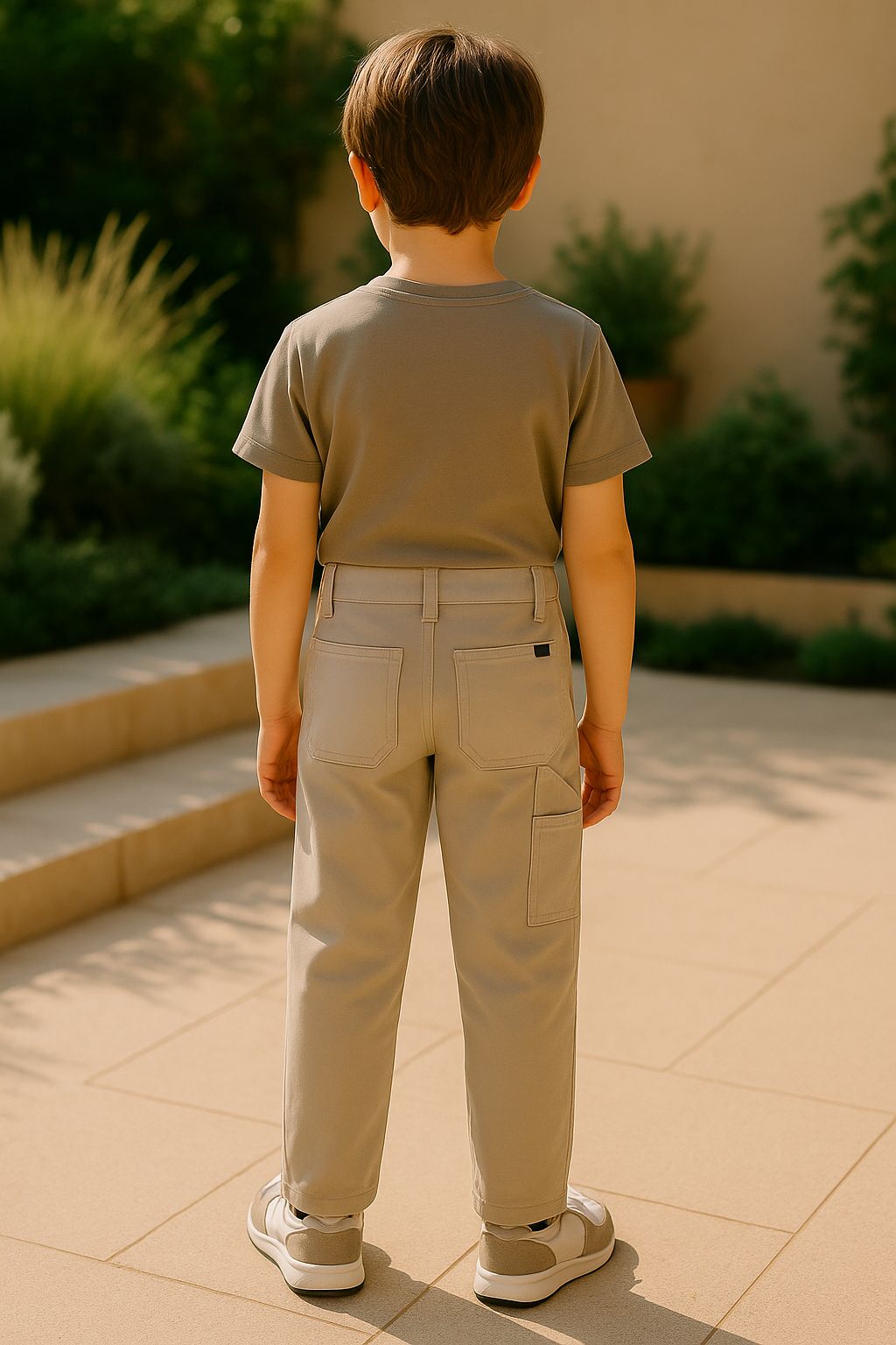 Rear view of kids’ handmade khaki utility pants with back and cargo pockets