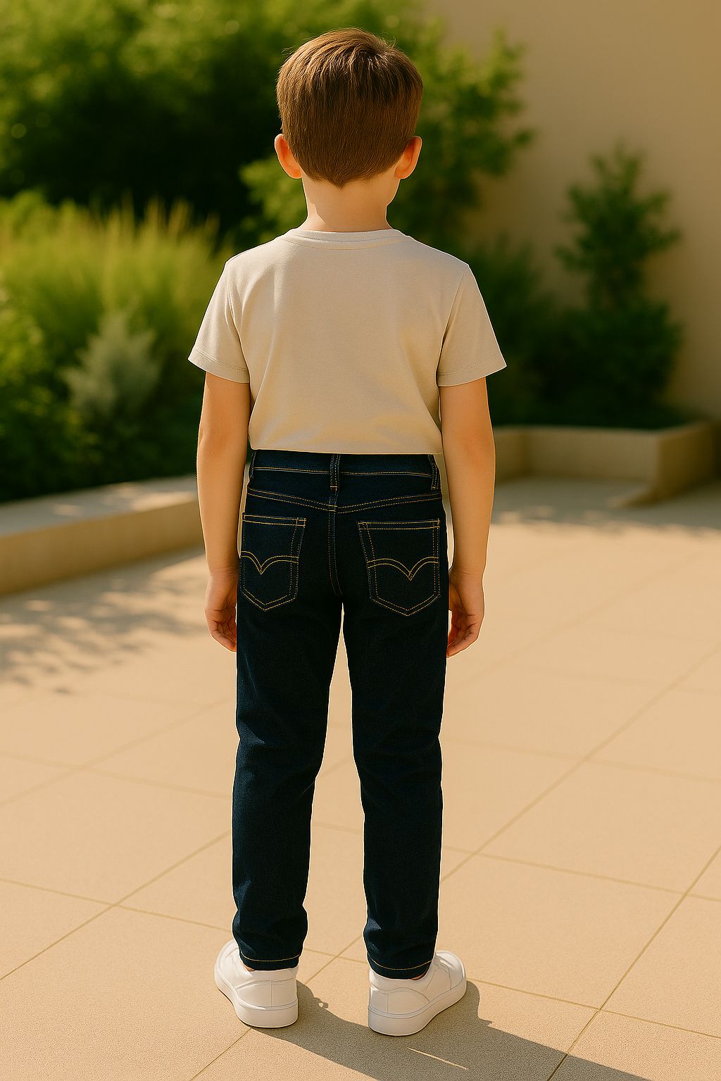 Rear view of kids’ handmade denim jeans with contrast stitching