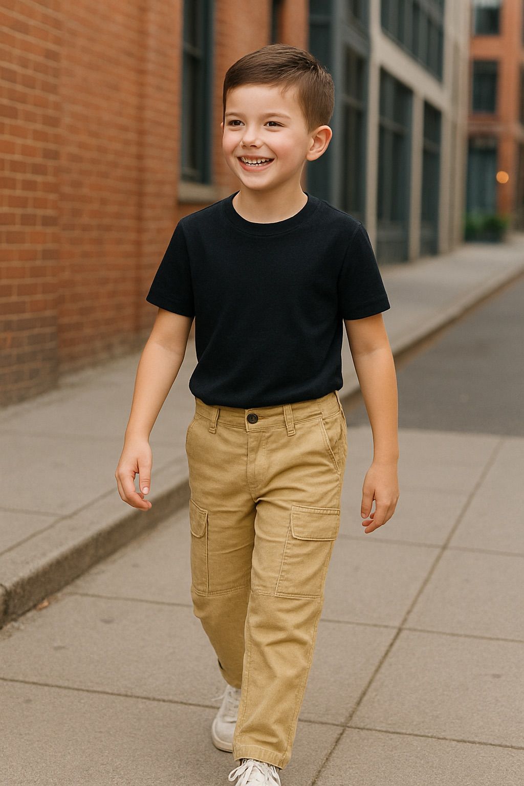 Front view of kids’ handmade khaki utility pants worn while walking