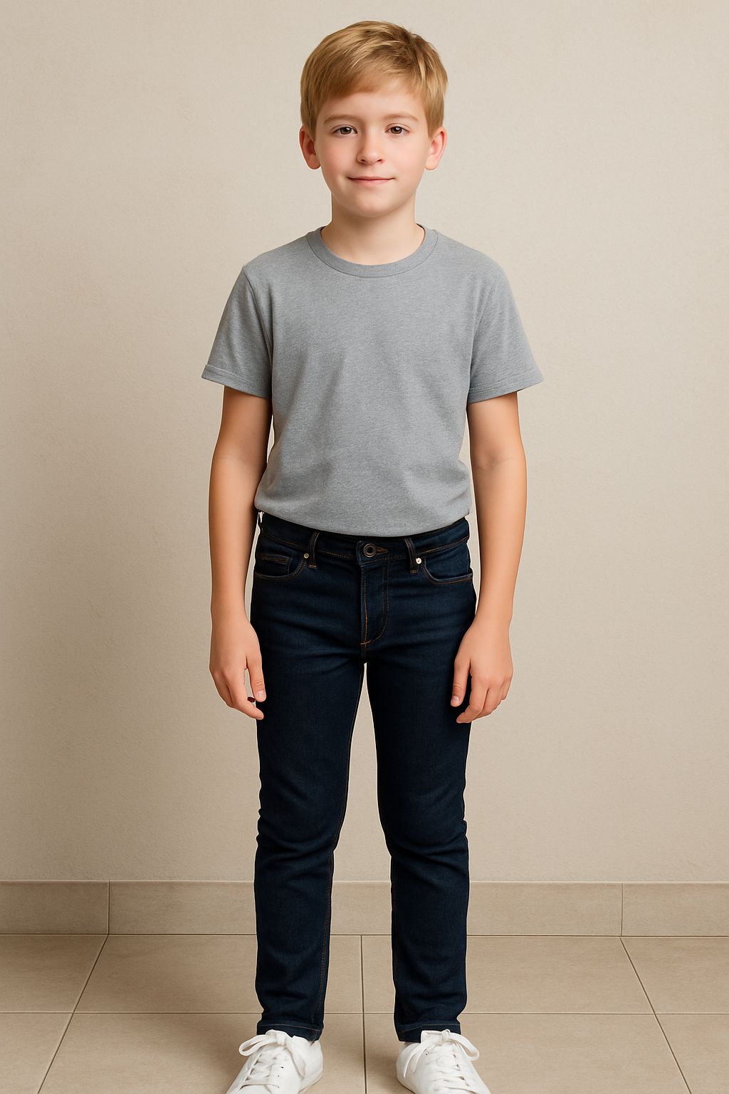 Front view of kids’ handmade denim jeans