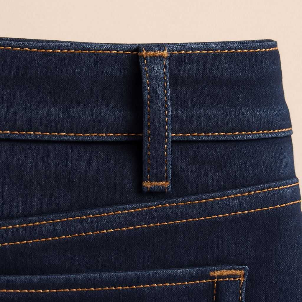 Close-up of belt loop and contrast stitching on handmade denim jeans